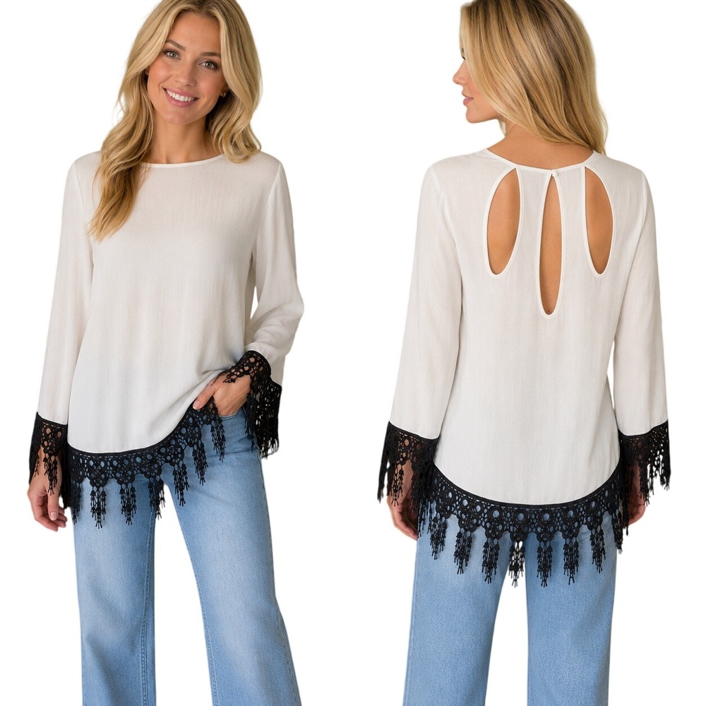 For Love & Lemons White Boho Crochet Lace Tassel Fringe Keyhole Blouse Small
